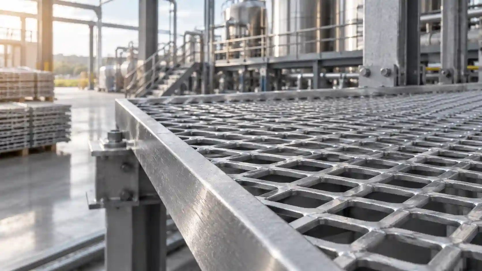 Stainless Steel Expanded Metal for Industrial Platforms Stainless steel expanded metal grating platform inside a modern industrial facility
