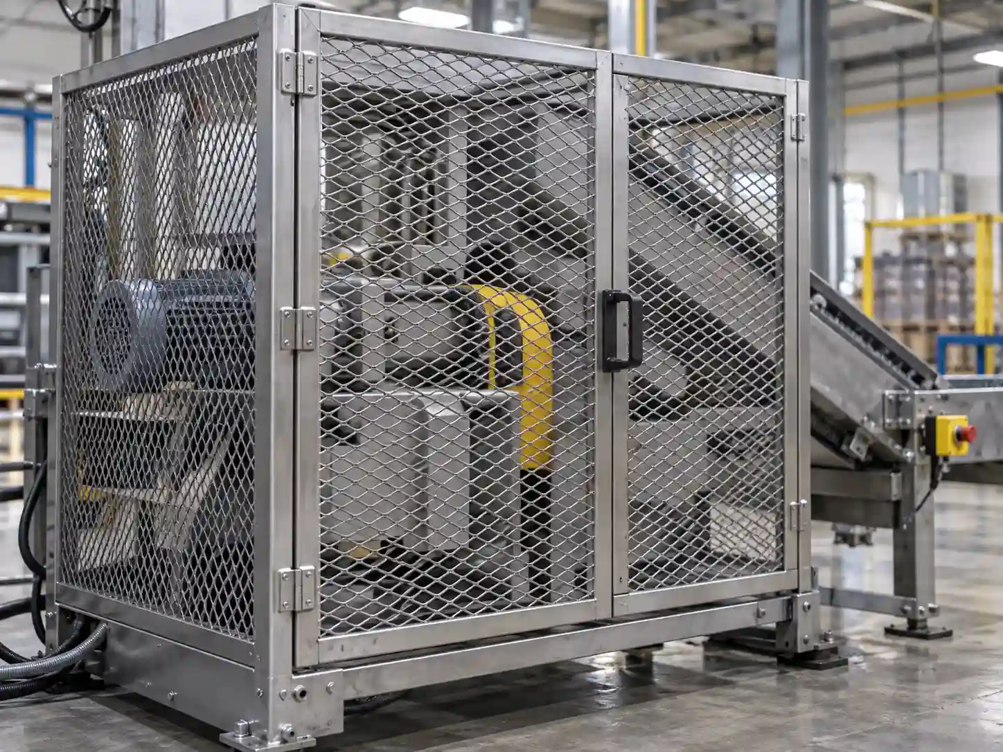 Stainless Steel Expanded Metal for Machine Guards Stainless steel expanded metal safety enclosure protecting industrial robotic equipment