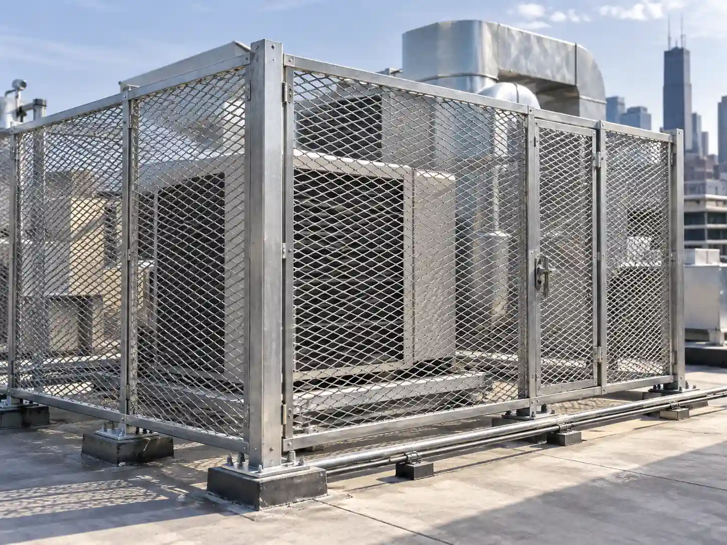 Stainless Steel Expanded Metal for Rooftop Equipment Enclosures Rooftop HVAC equipment enclosed with stainless steel expanded metal security panels