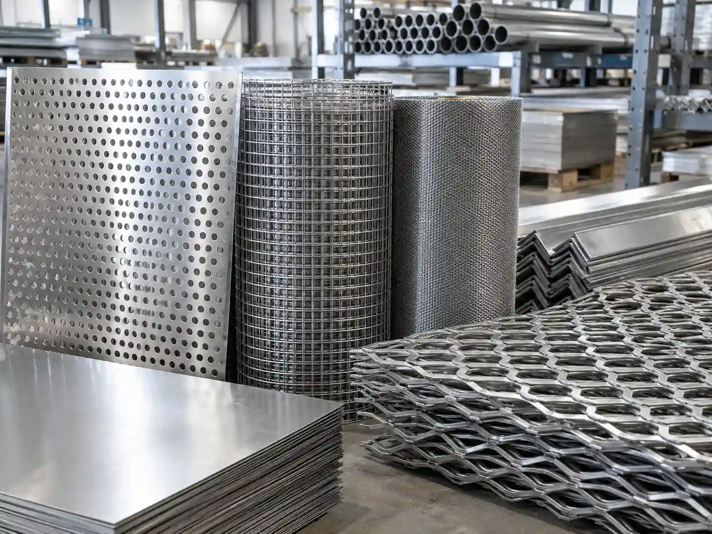 Stainless steel perforated metal, wire mesh, and expanded metal products displayed in a workshop