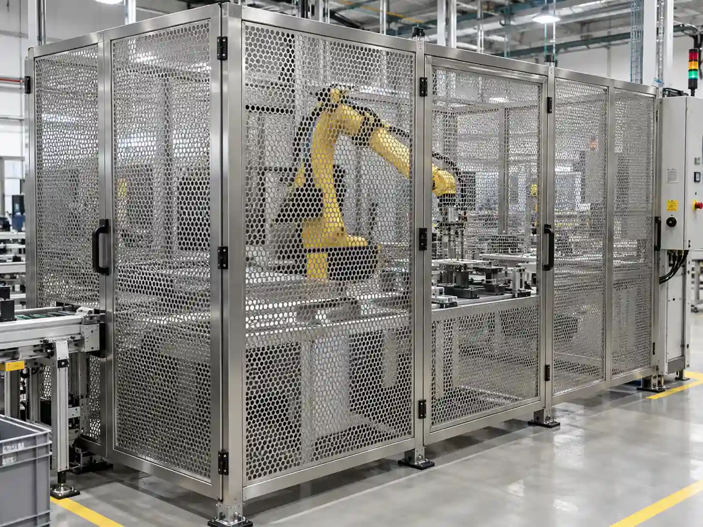 Stainless steel perforated metal safety enclosure protecting an industrial robotic machine