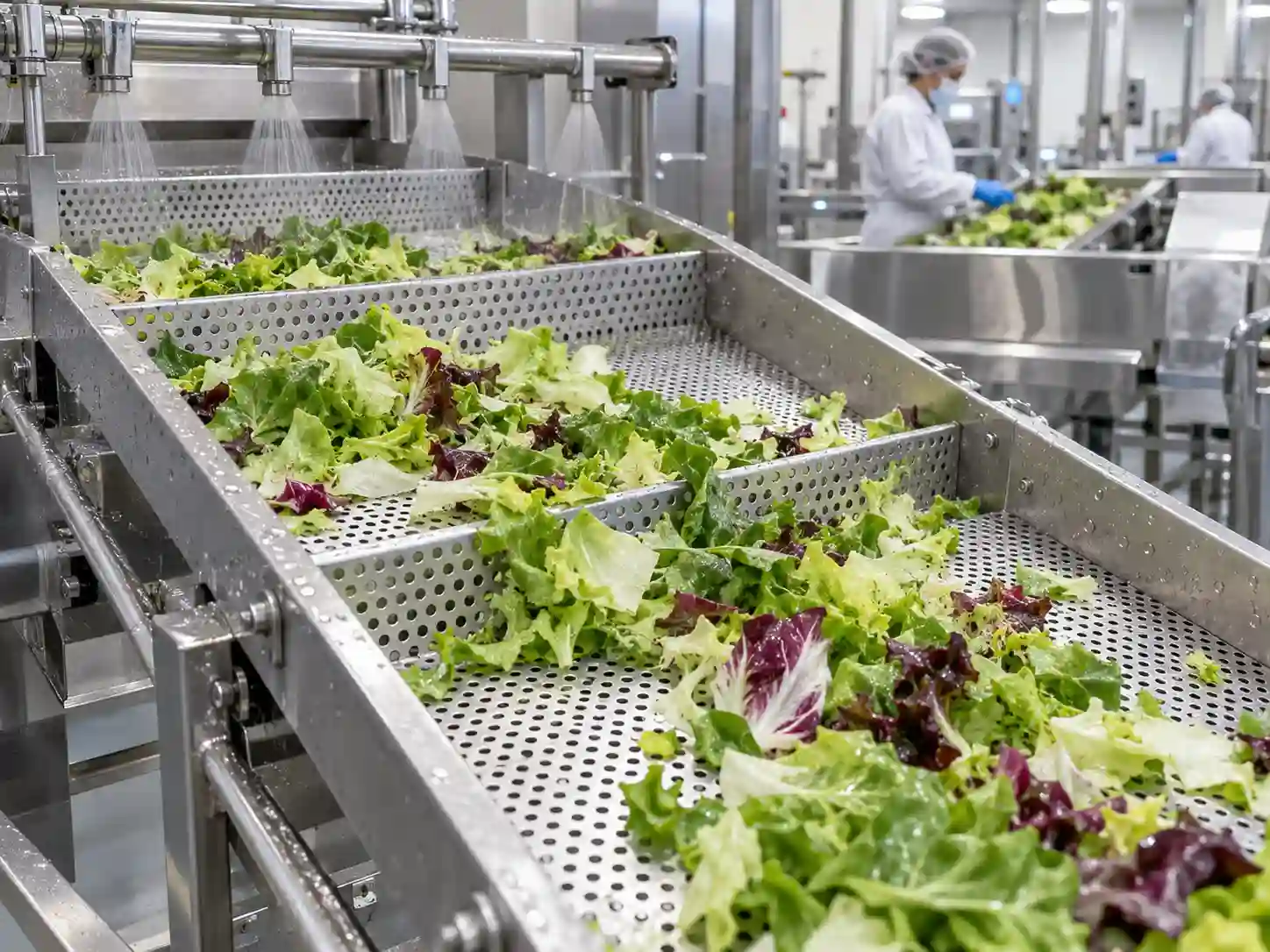 Stainless steel perforated metal conveyor used for washing and processing fresh vegetables
