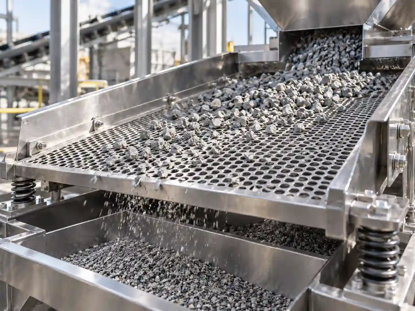 Vibrating screening equipment with stainless steel perforated metal screen for aggregate separation