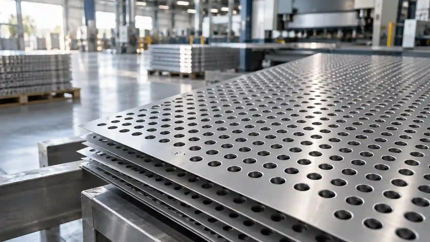 Stainless Steel Perforated Metal in Factory Stainless steel perforated metal sheets stacked in a modern metal fabrication workshop