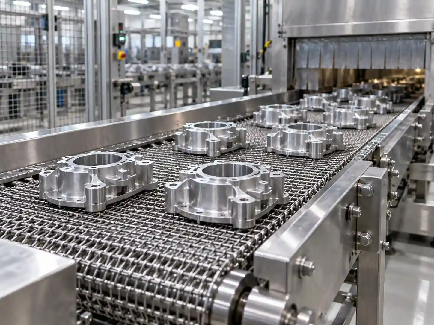 Stainless steel wire mesh conveyor belt carrying metal parts through an industrial production line