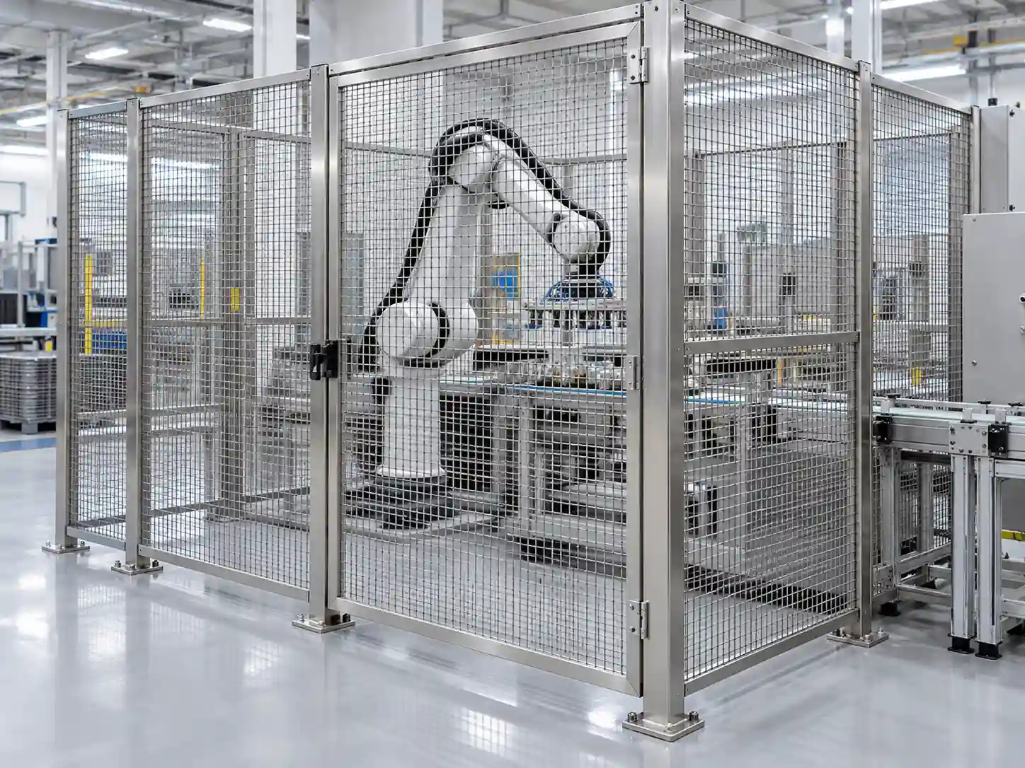 Stainless steel wire mesh safety enclosure protecting an industrial robotic machine