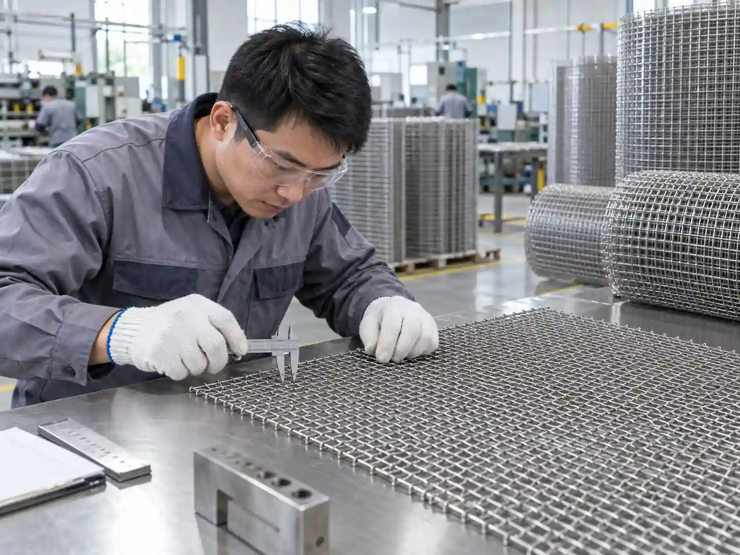 LH factory worker inspecting stainless steel wire mesh with a caliper during quality control