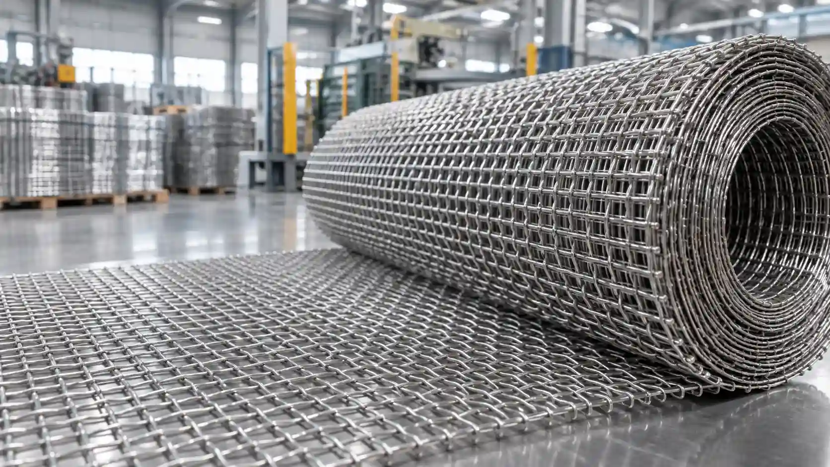 Stainless Steel Wire Mesh Roll in Factory Stainless steel wire mesh roll displayed in a modern industrial factory