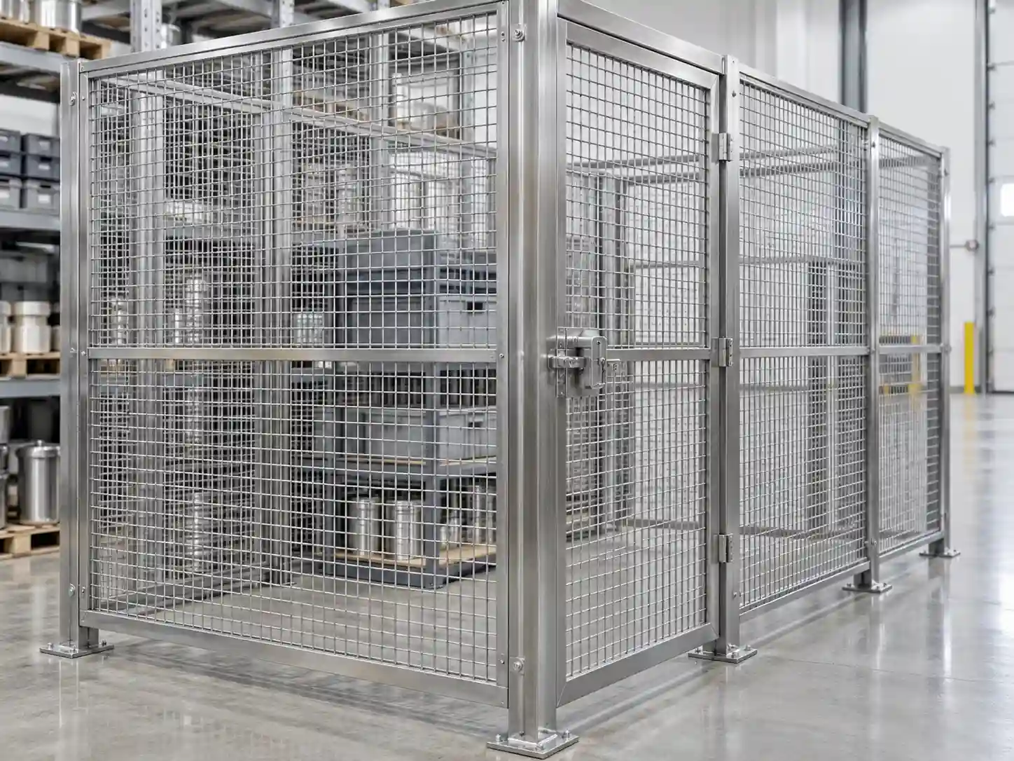 Stainless steel wire mesh partition and secure storage cage in an industrial warehouse