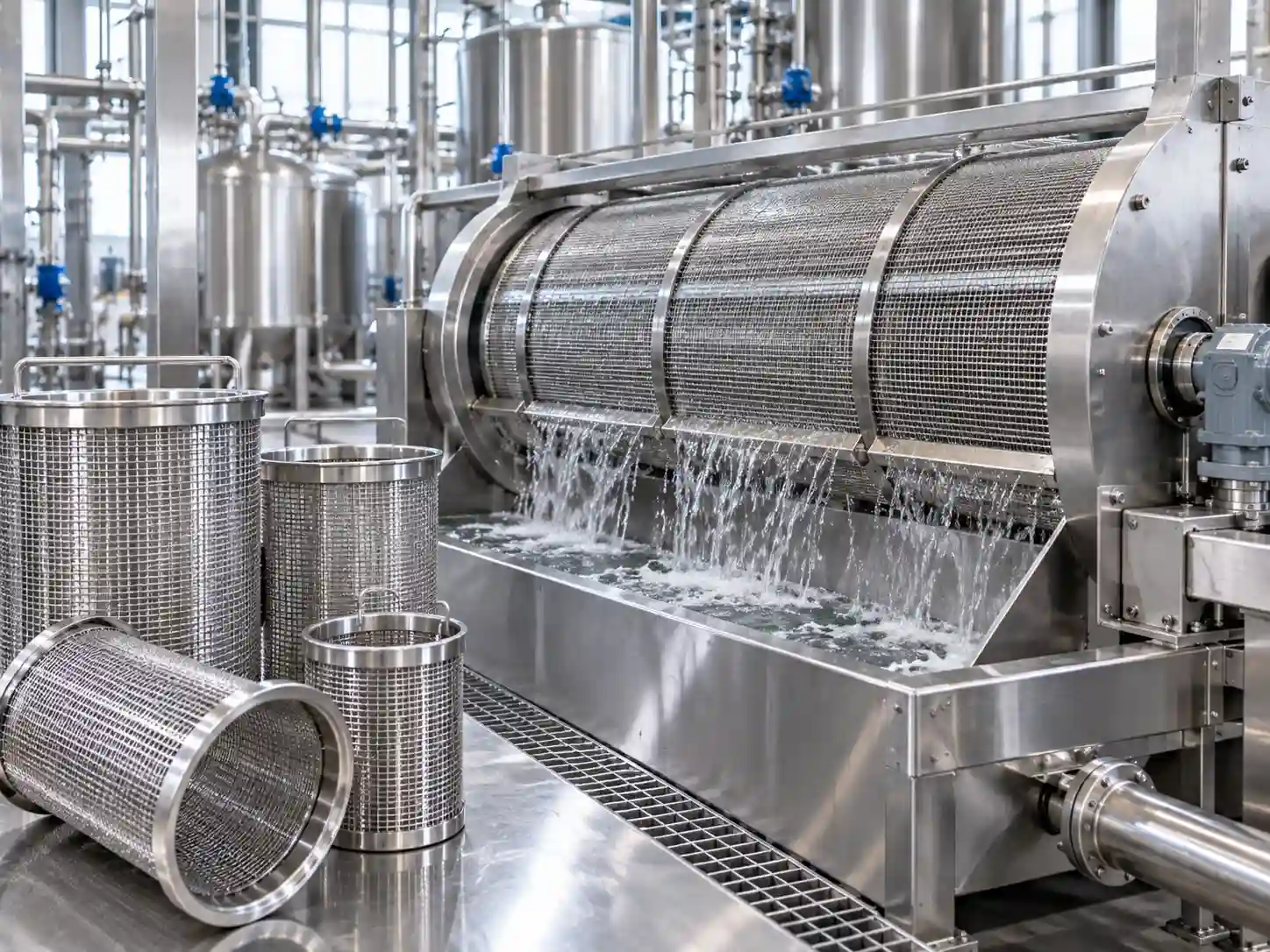 Stainless steel wire mesh filter baskets and rotary filtration equipment in an industrial processing system