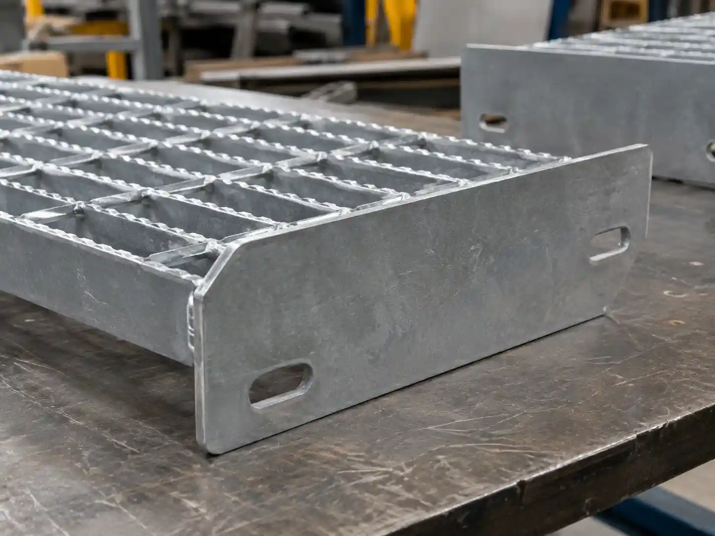 Galvanized bar grating stair tread with fabricated side end plates for connection to steel stair stringers