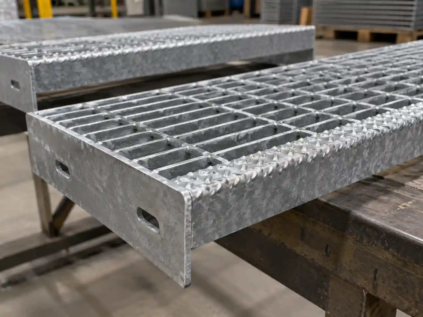 Bar grating stair tread with reinforced anti-slip front nosing for improved traction and a defined leading edge