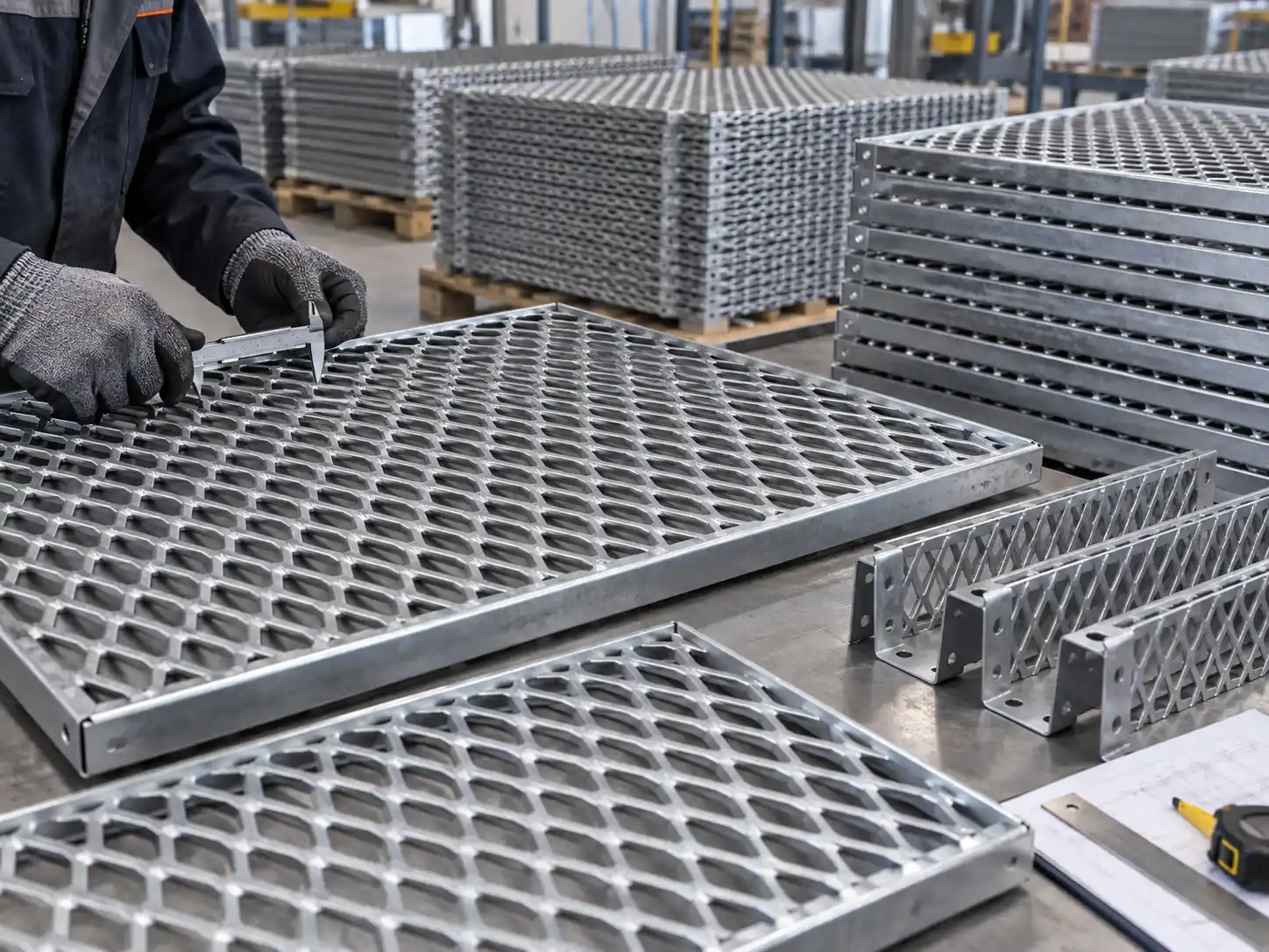 Standard Expanded Metal Quality Control Standard expanded metal samples with calipers, drawings and measuring tools for custom specifications