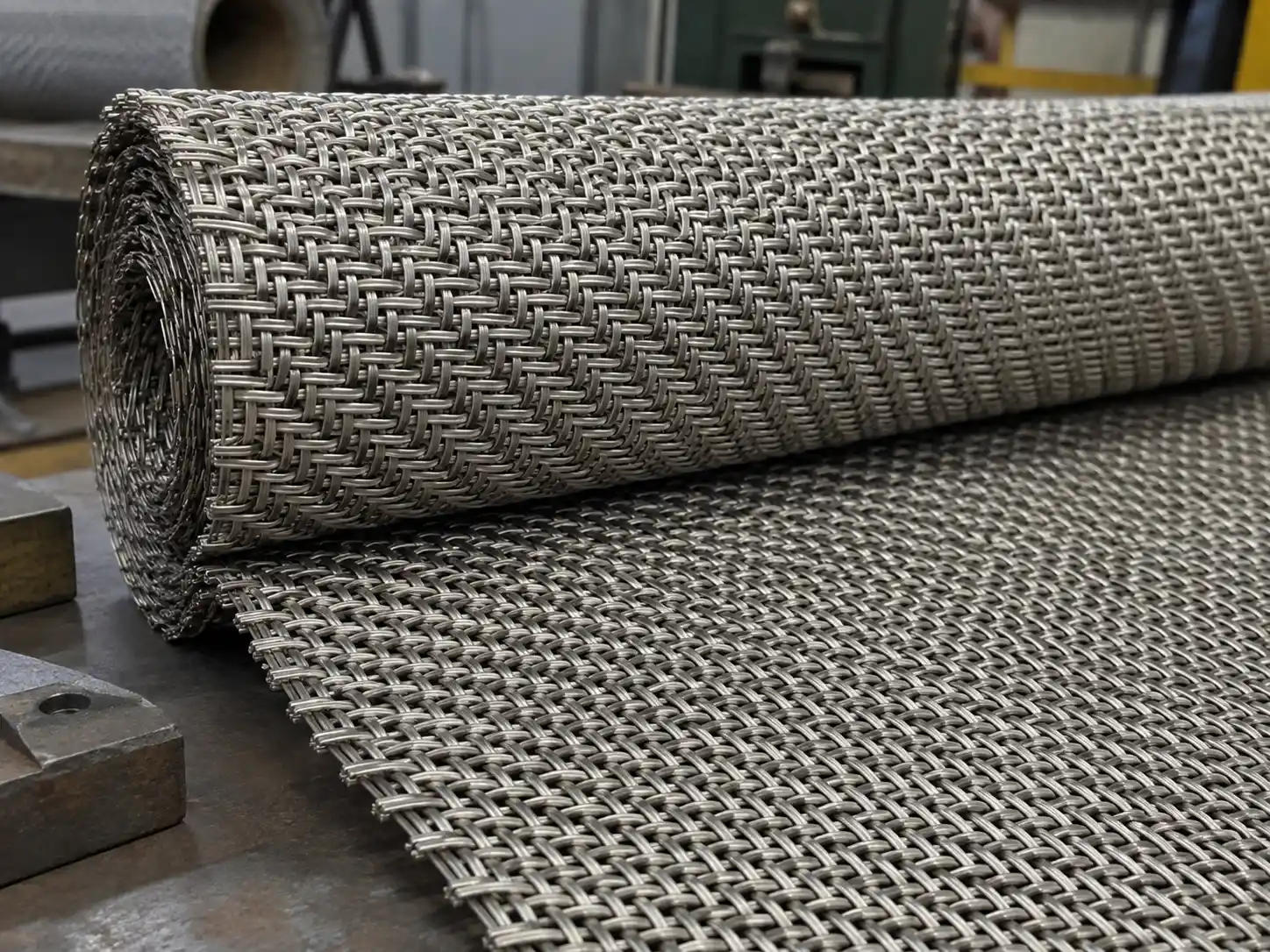 Twill weave wire mesh roll showing a tighter woven structure with diagonal wire pattern