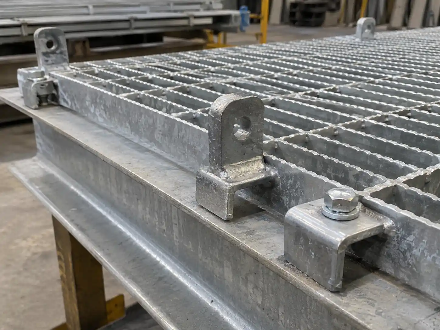 Weld Lugs & Anchor Blocks Weld lug and anchor block fastening points installed on galvanized bar grating for connection to structural supports