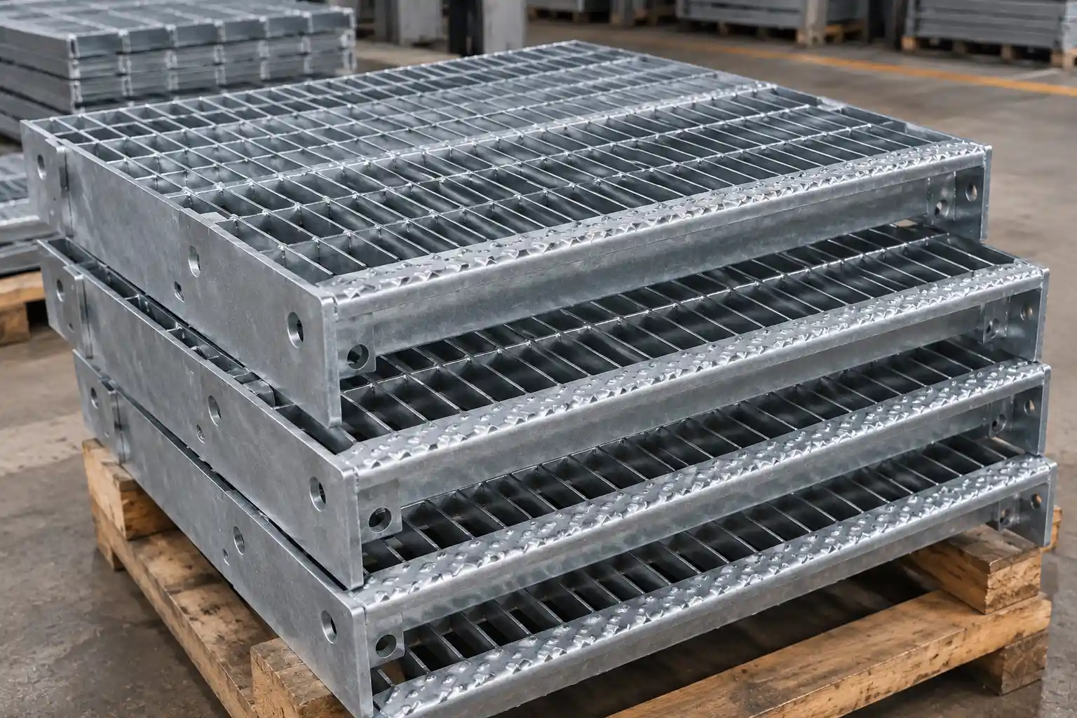 Galvanized welded bar grating stair treads with rigid welded cross bars, end plates and mounting holes for industrial stairs
