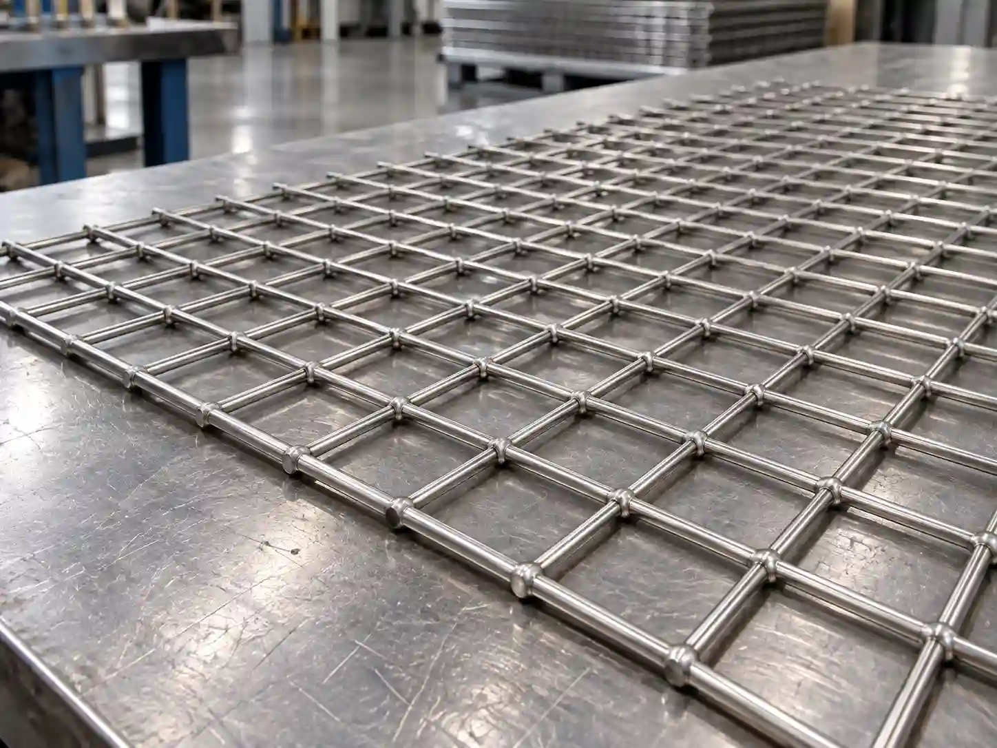 Stainless steel welded wire mesh panel with uniform square openings and welded intersections