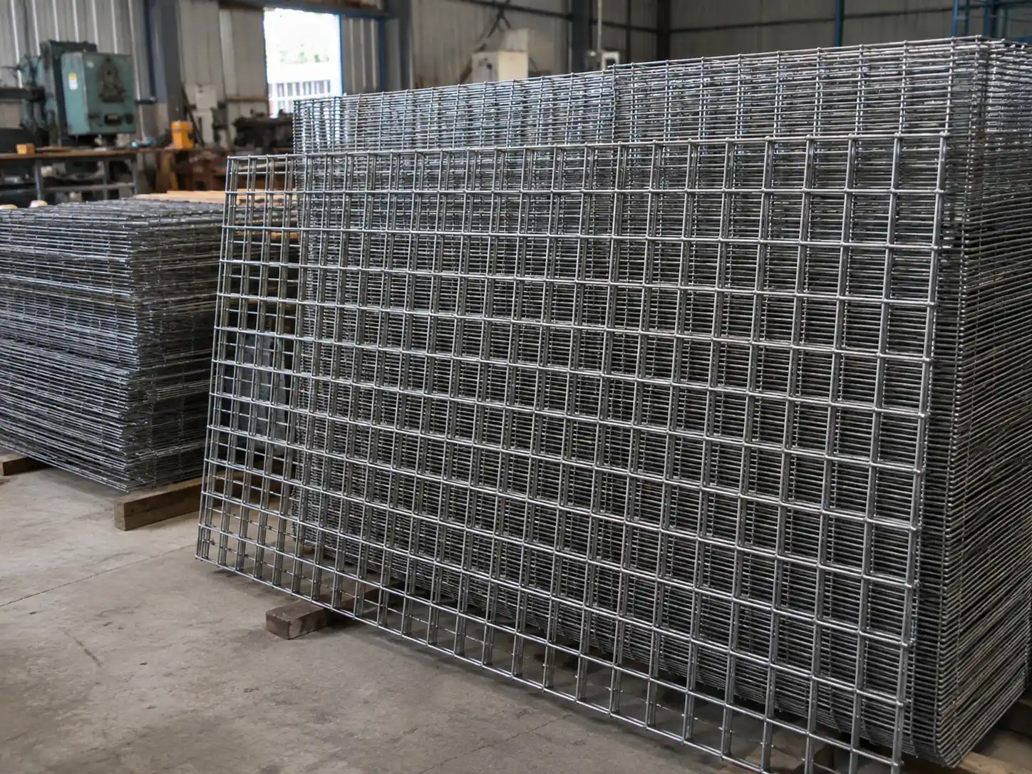 Welded wire mesh panels with rigid square openings stacked in an industrial workshop