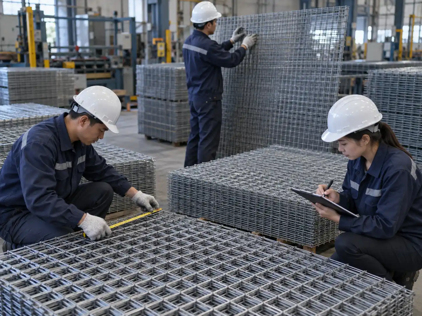 Welded Wire Mesh Quality Inspection Welded wire mesh panels being inspected for panel size, weld quality and opening consistency in a factory