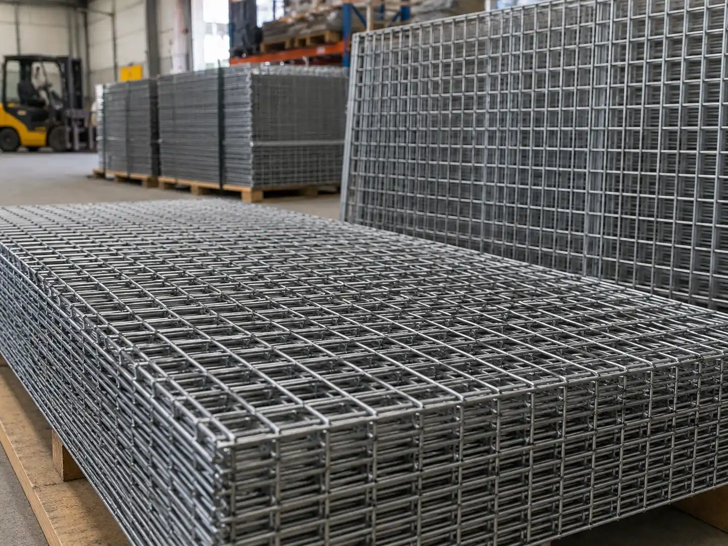 Welded Wire Mesh Welded wire mesh panels stacked in a warehouse with straight wires and uniform square openings