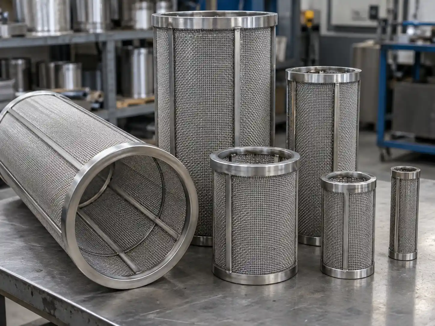 Wire Mesh Filter Cylinders Stainless steel cylindrical wire mesh filters with reinforced rings and support frames for industrial equipment