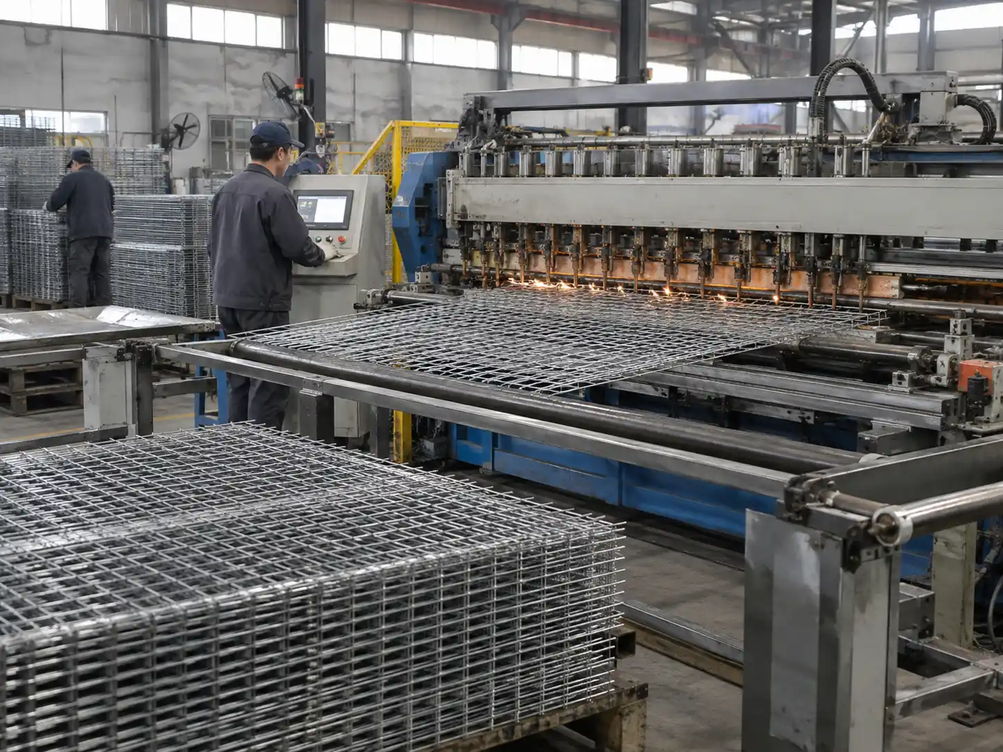 Wire Mesh Manufacturing and Fabrication Industrial wire mesh being welded and fabricated by automated machinery in a metal manufacturing workshop