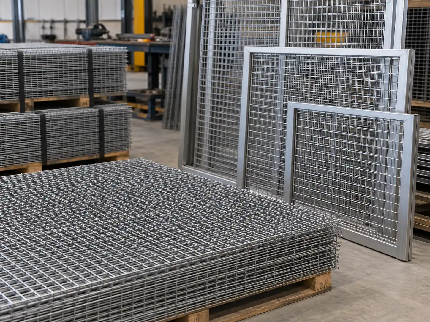 Wire Mesh Panels and Sheets Custom wire mesh panels and sheets stacked in a workshop, including framed and unframed panels