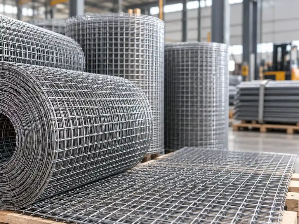 Wire mesh rolls and flat wire mesh sheets stored in an industrial warehouse