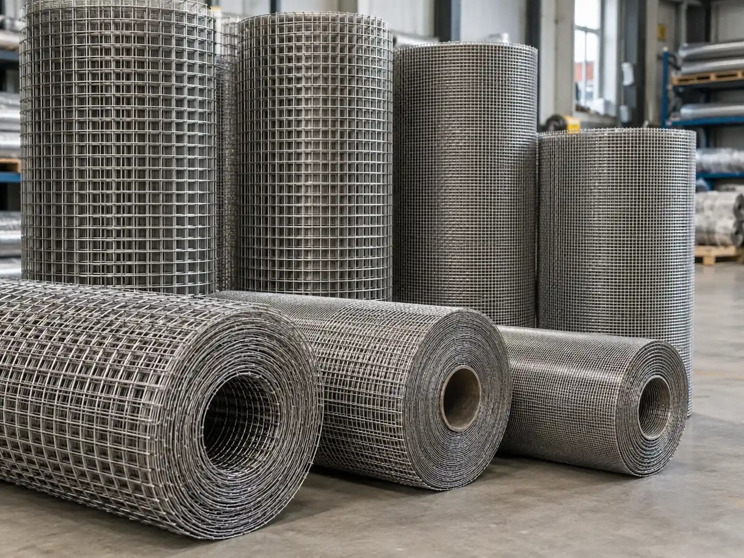 Wire Mesh Rolls Industrial wire mesh rolls in different opening sizes and wire diameters stored in a metal fabrication workshop
