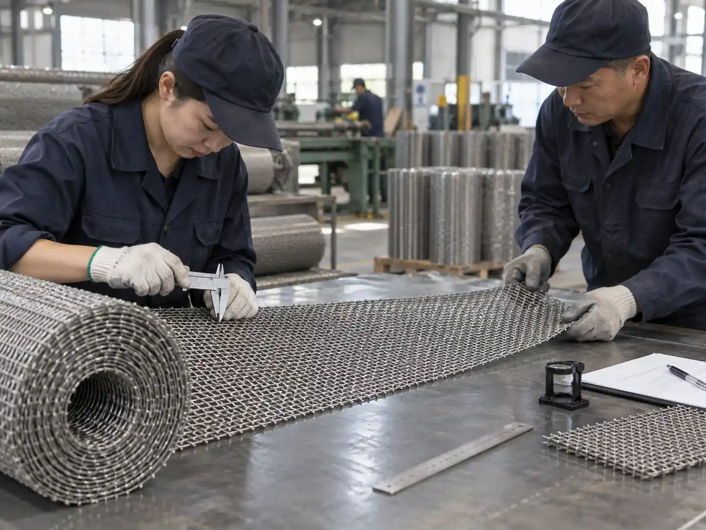 Woven wire mesh being inspected for aperture size, wire diameter, dimensions and weave consistency in a factory